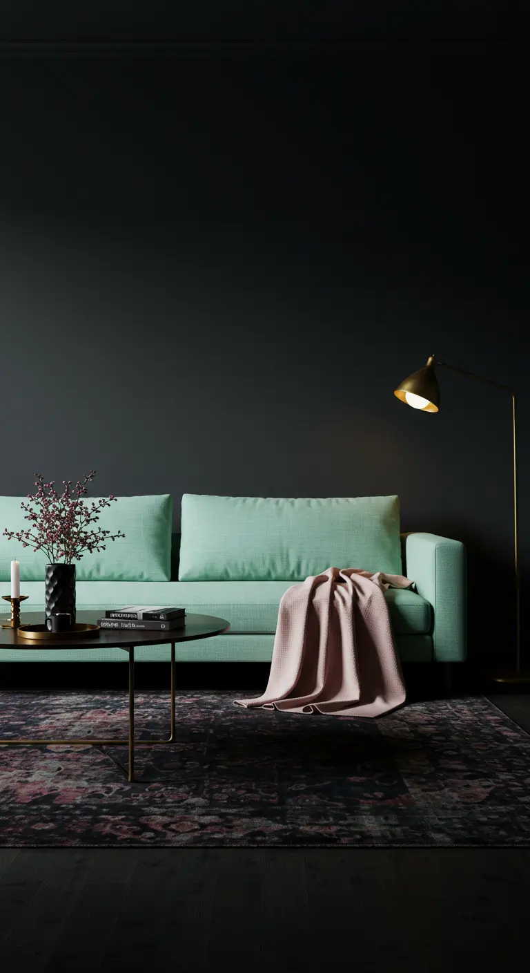 A mint green sofa and pink throw stand out against a dramatic, dark charcoal wall.