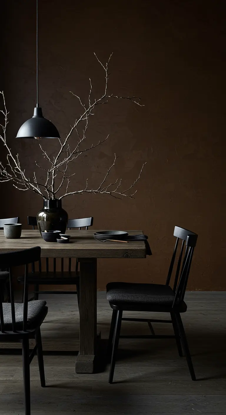 A dramatic centerpiece of bare branches in a dark vase on a moody dining table.