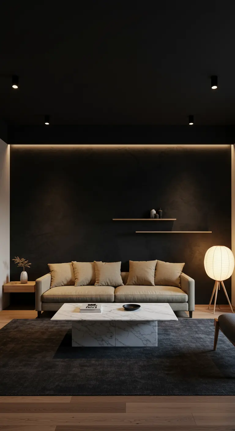 A moody living room with a black accent wall illuminated by a hidden LED light strip.