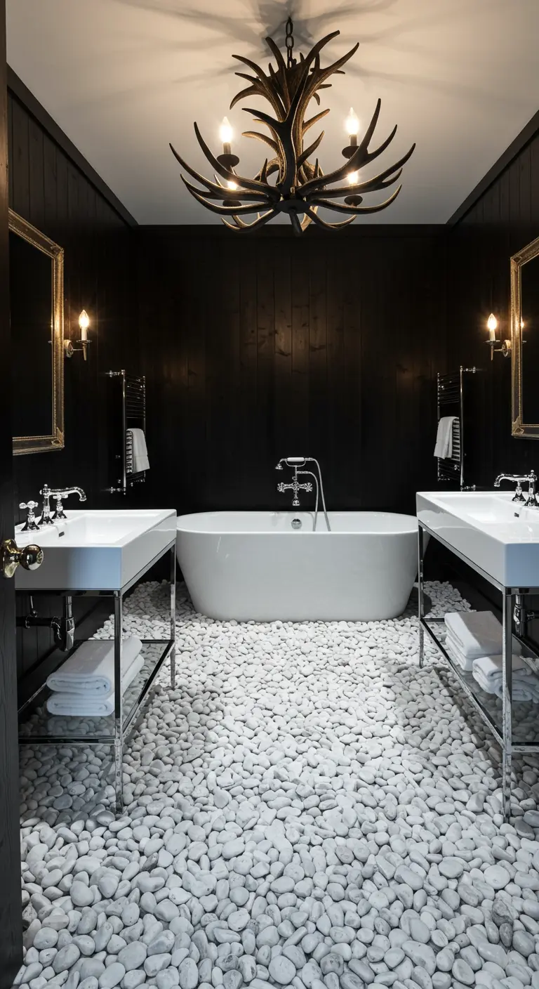 A striking bathroom with matte black walls, a white pebble floor, and twin white console sinks.