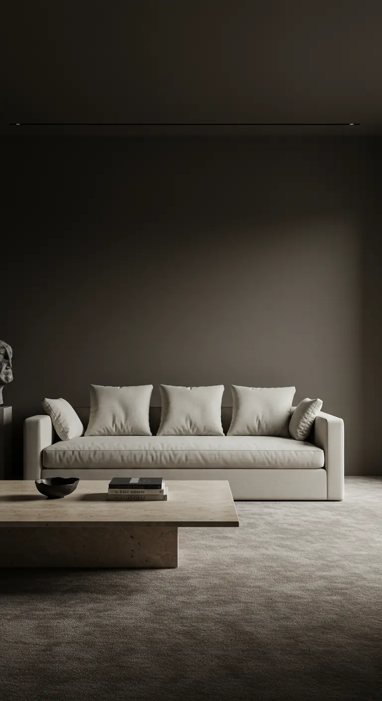 Minimalist room with dark charcoal walls and a light-colored slipcover sofa.
