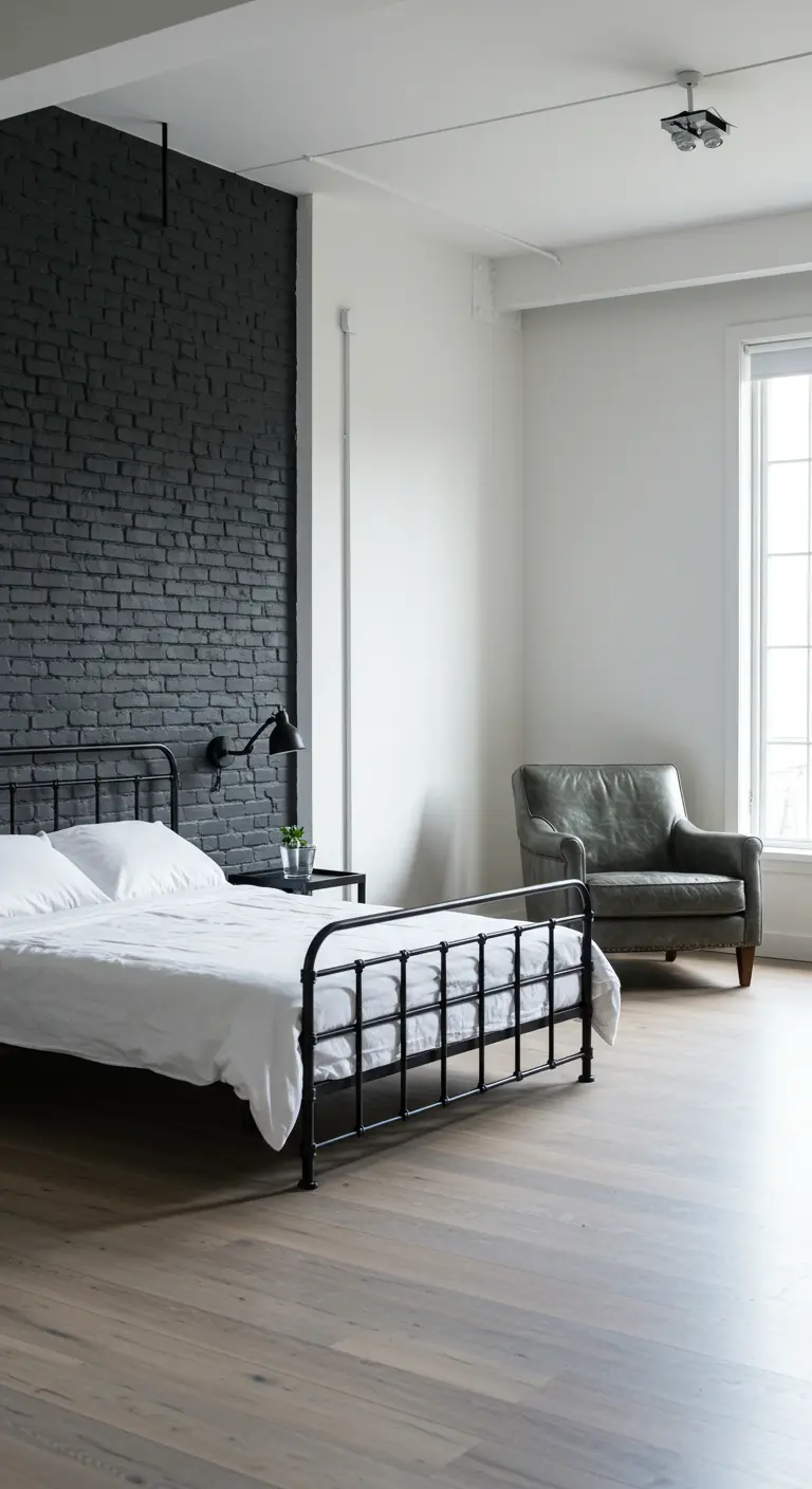 Bedroom with a black brick accent wall behind a black metal bed frame.