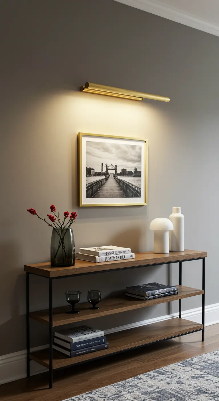 A brass picture light illuminates a framed photograph hanging over an industrial-style console table.