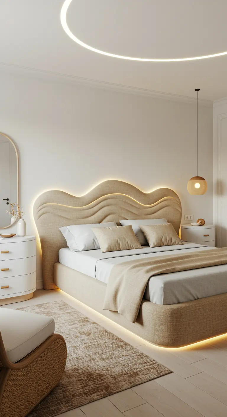 A wavy, cream-colored upholstered headboard is backlit, creating a soft, flowing glow.