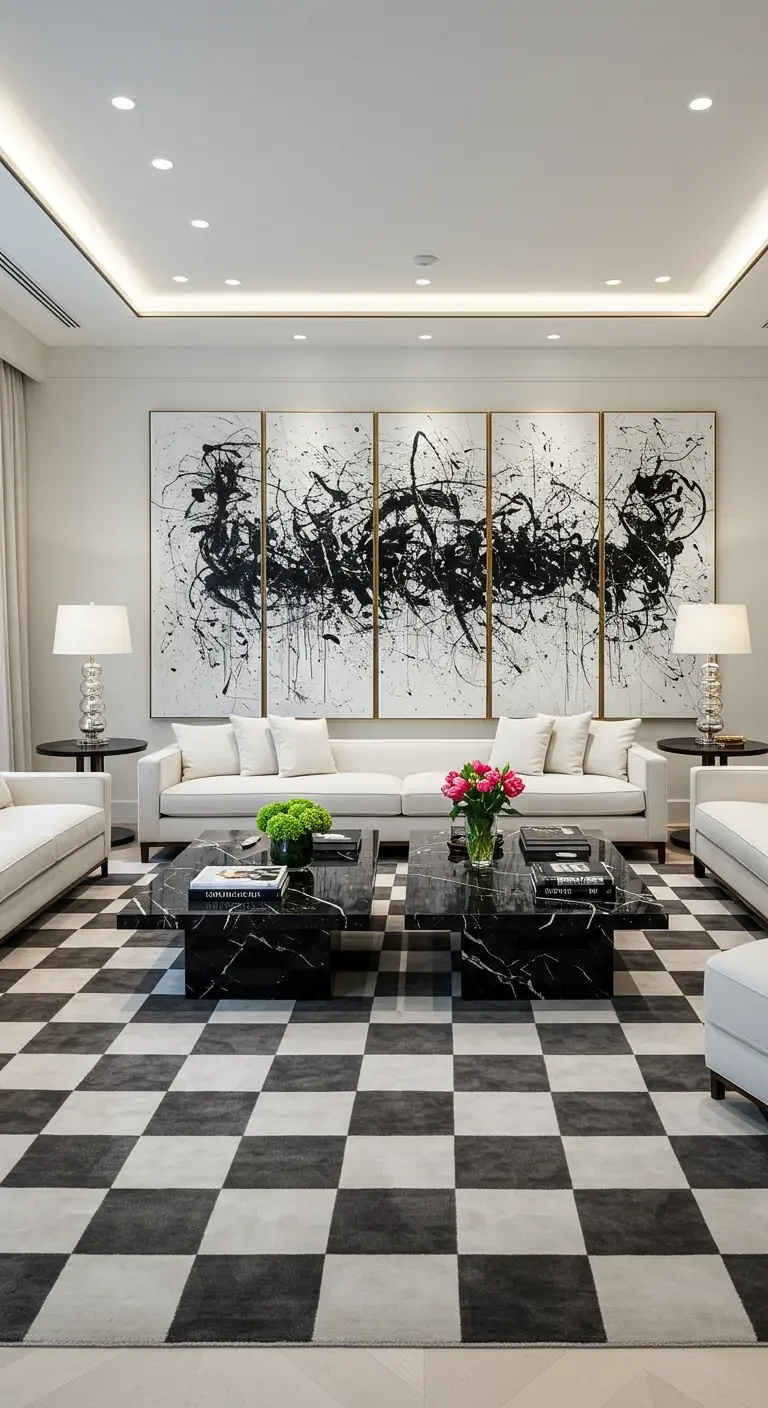 Luxurious living room with a five-panel abstract art piece and dual black marble coffee tables.