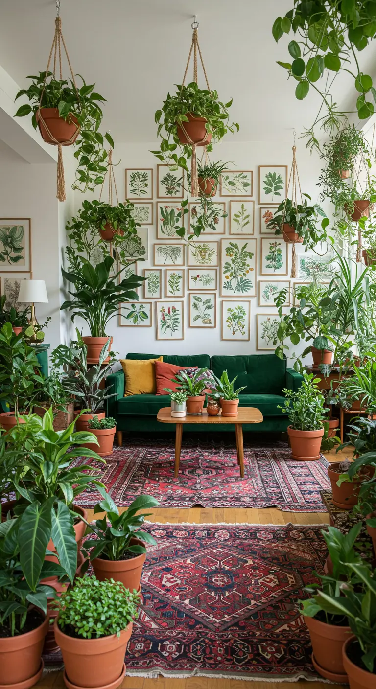 Living room with a green sofa, many plants, and a gallery wall of botanical prints.