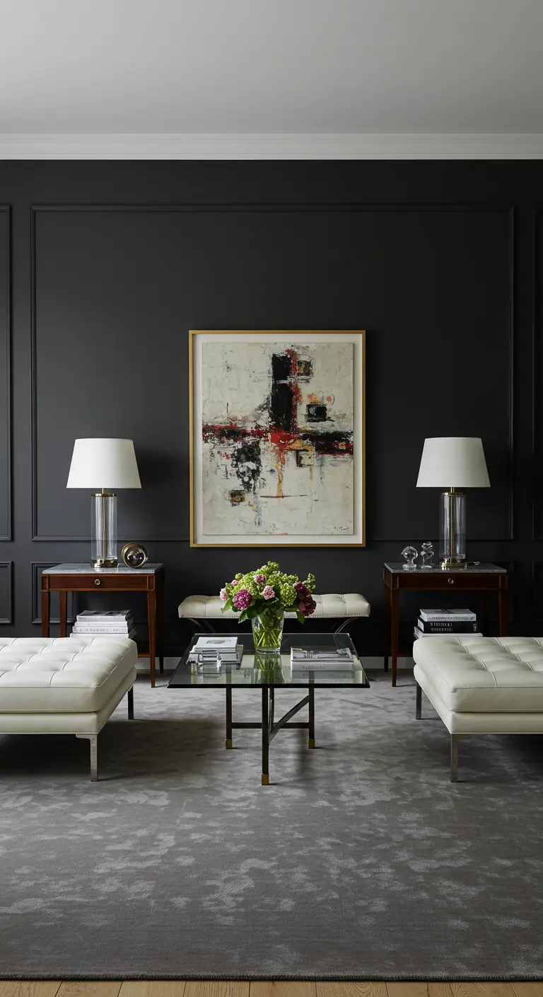 A symmetrical living room with two white benches, matching lamps, and a central piece of art.