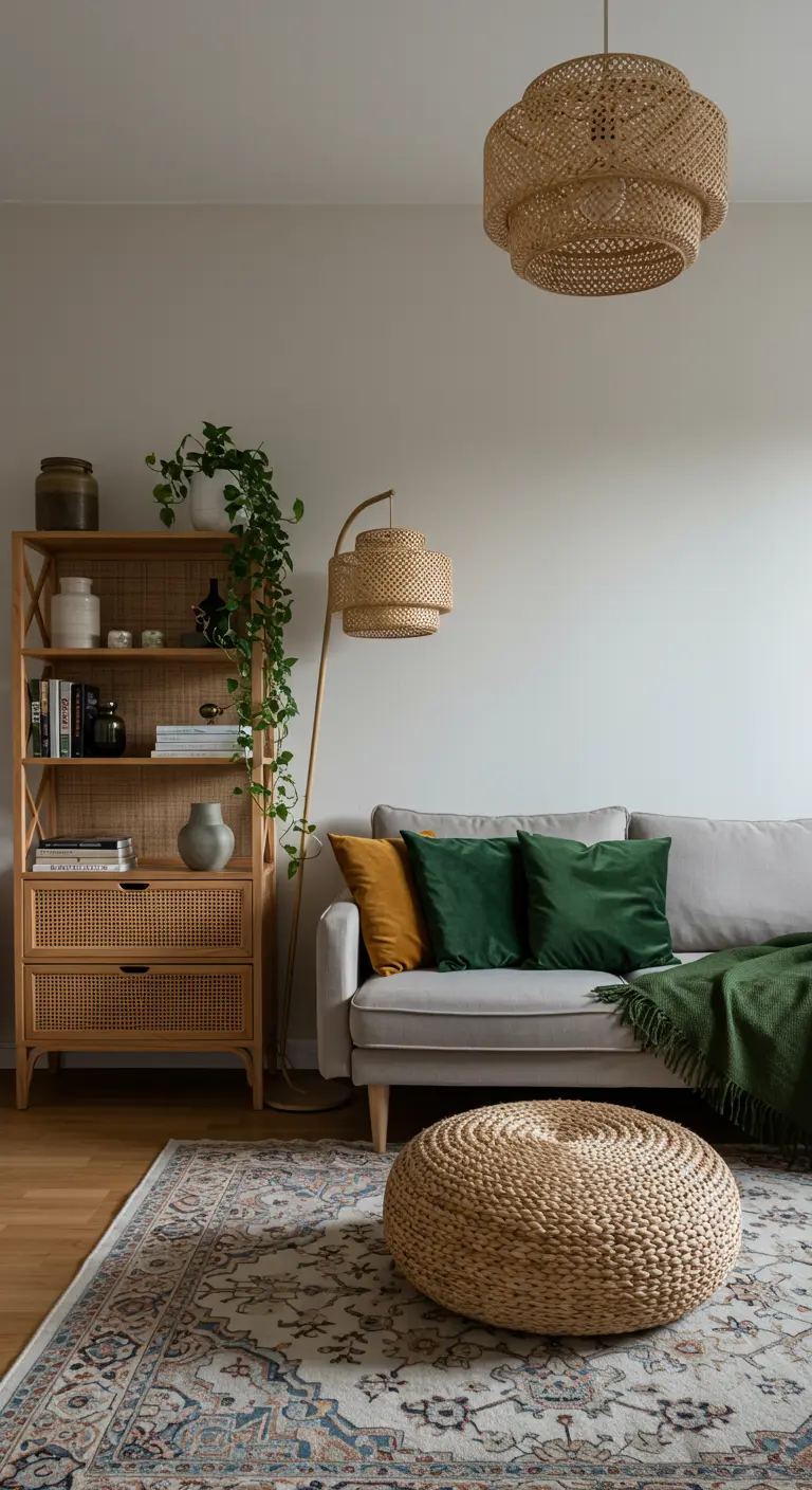 Living room with a rattan bookshelf, woven pendant light, and a matching pouf on a patterned rug.