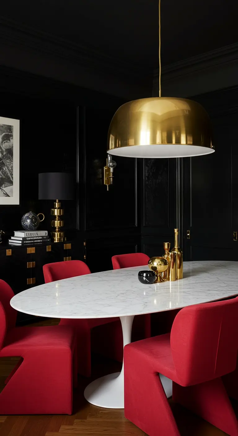 Dining room with black walls, a white marble table, and bold red velvet chairs.