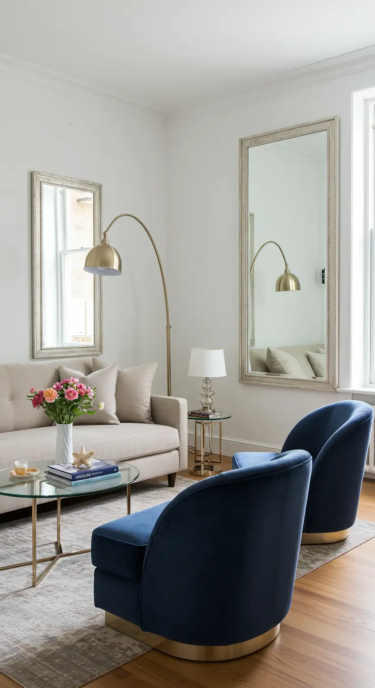 Living room with curved navy velvet chairs and a large leaning floor mirror.