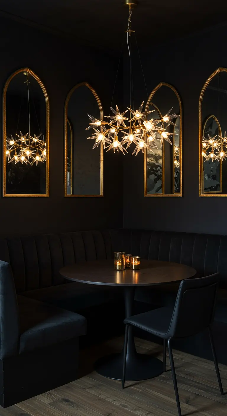 A moody dining corner with a black banquette, arched gold mirrors, and a starburst chandelier.