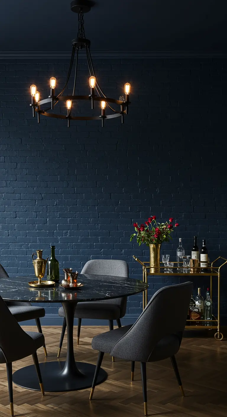Moody dining room with navy blue brick walls, a gold bar cart, and a black chandelier.