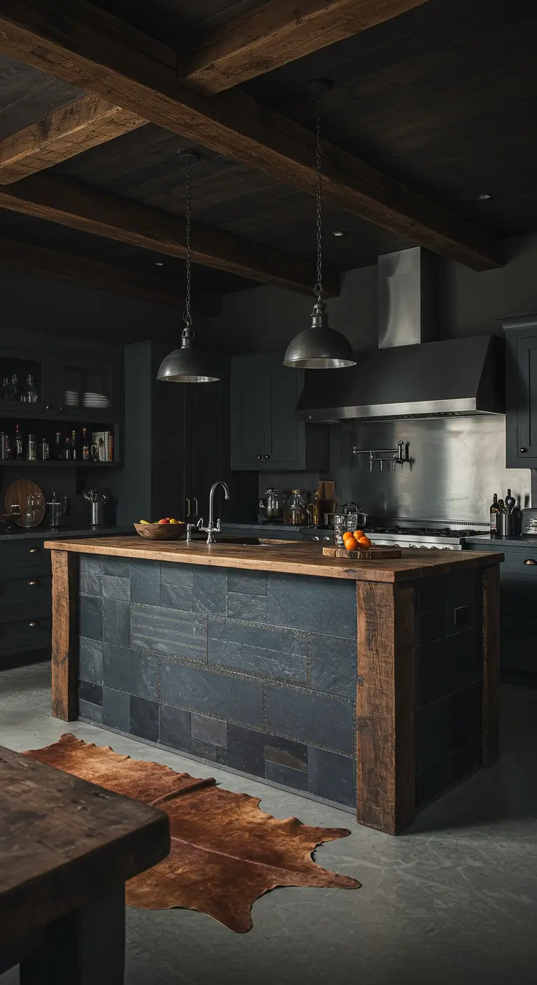 A moody, dark kitchen with a slate-tiled and wood island, charcoal cabinets, and industrial lights.