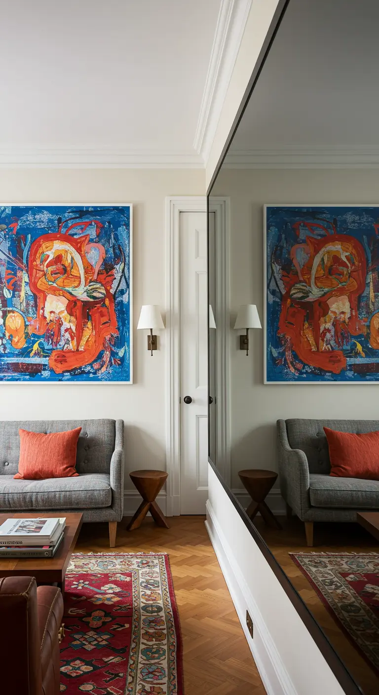 A wall of dark, smoked mirror panels reflecting a gray sofa and vibrant abstract art.