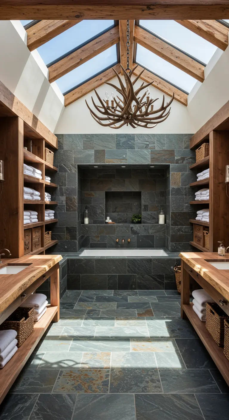 Symmetrical rustic bathroom with dual vanities, slate tile walls, and large skylights.