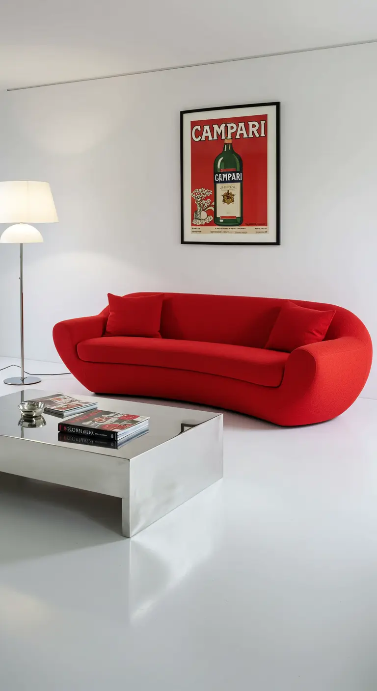 A bright red sculptural sofa and a mirrored coffee table on a high-gloss white floor.