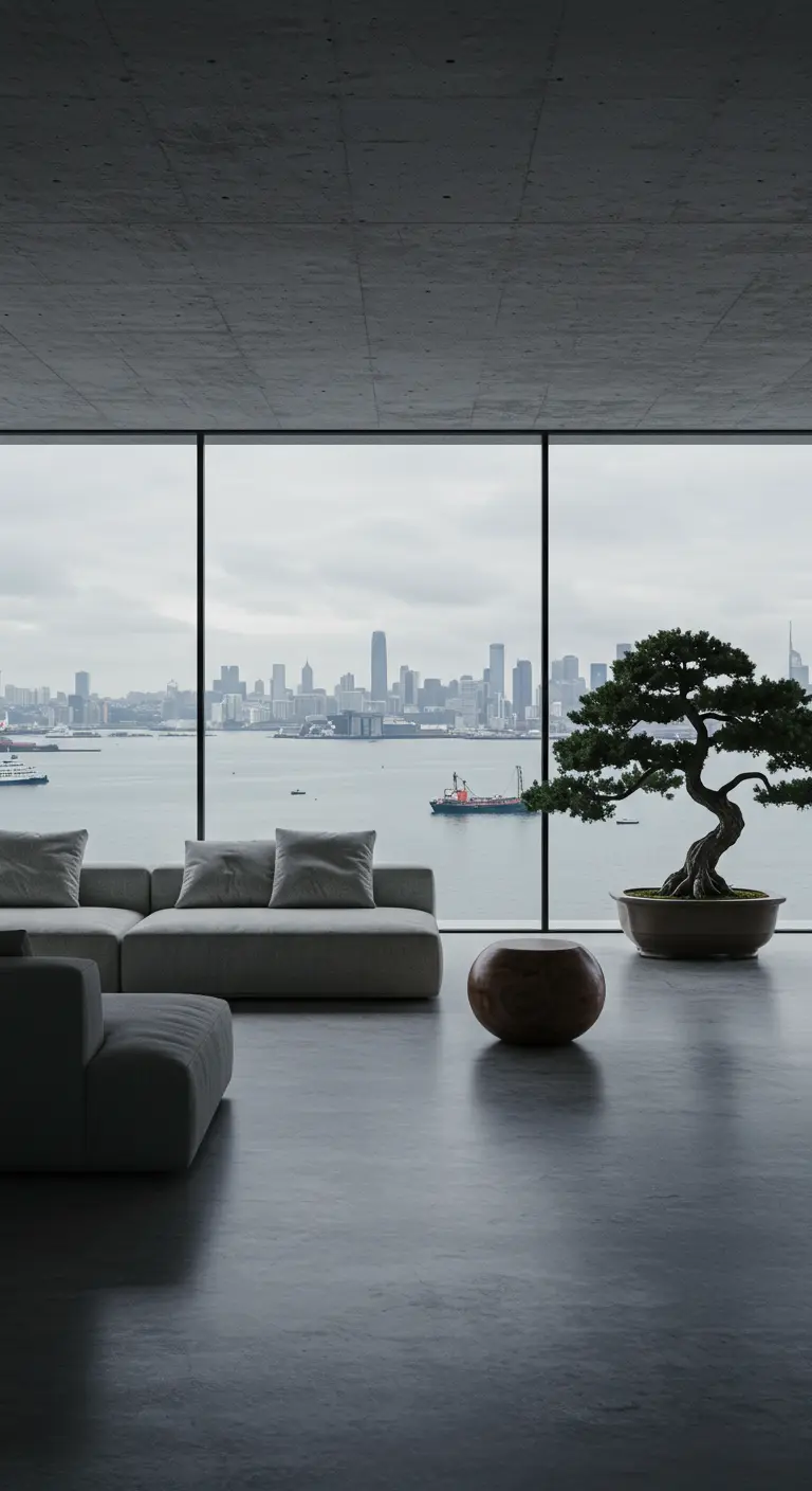 Minimalist loft with a low grey sofa and a large bonsai tree overlooking a city harbor.
