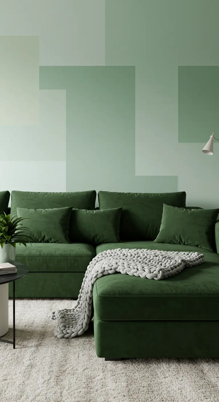 A deep green velvet sectional in front of a wall with tonal green geometric blocks.