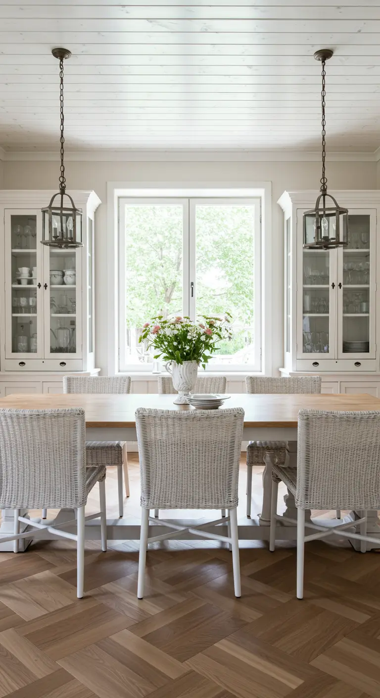 Symmetrical dining room with a window flanked by two white glass-front china cabinets.