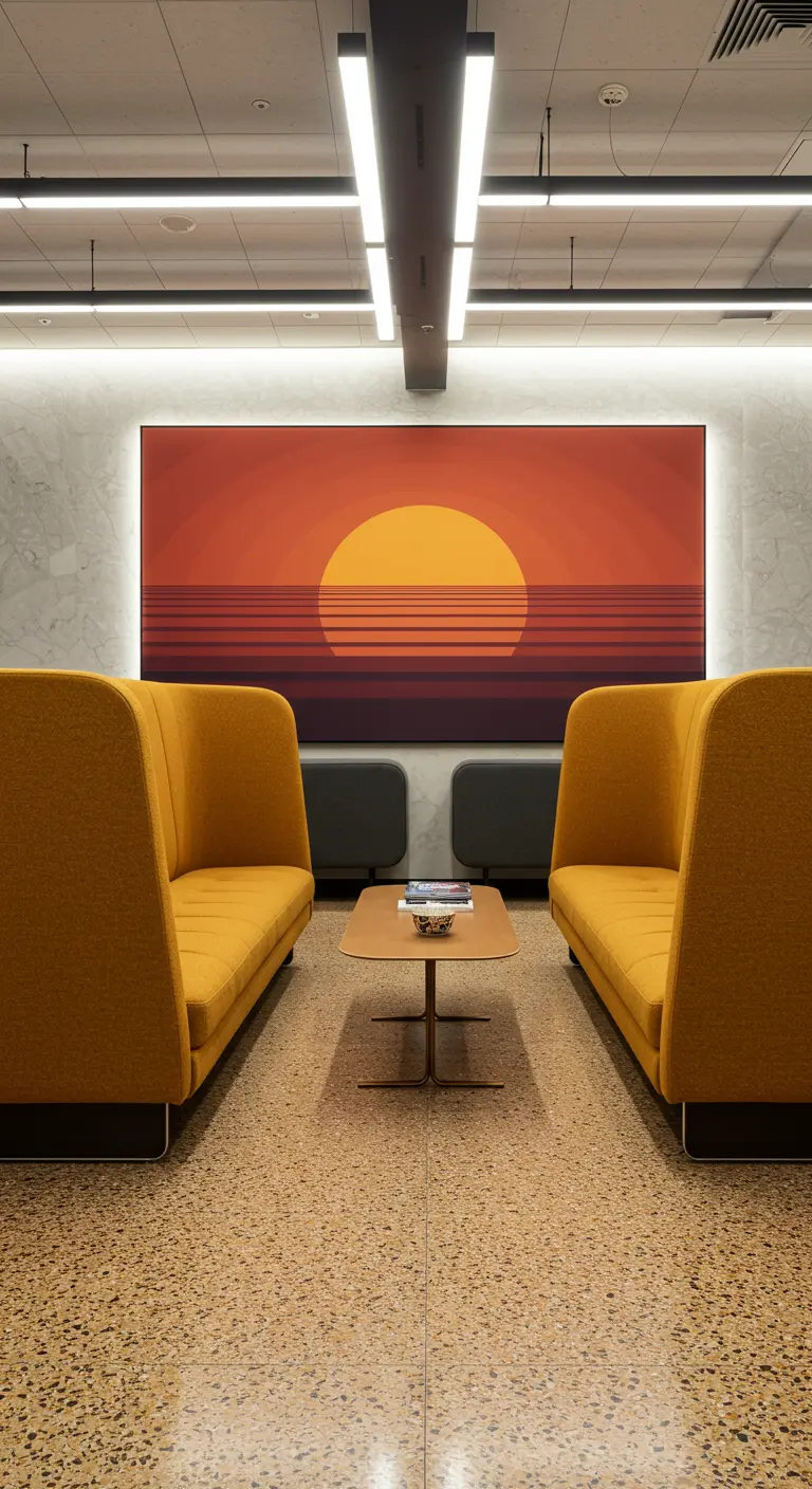 Two identical yellow high-backed sofas facing each other with a large sunset artwork on the wall.