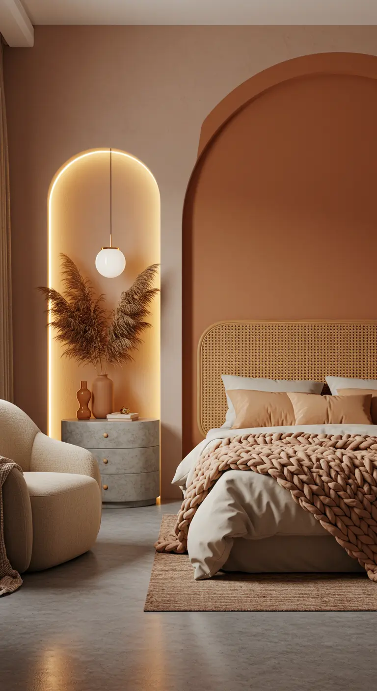 Terracotta bedroom with a backlit arched niche next to a bed with a rattan headboard.