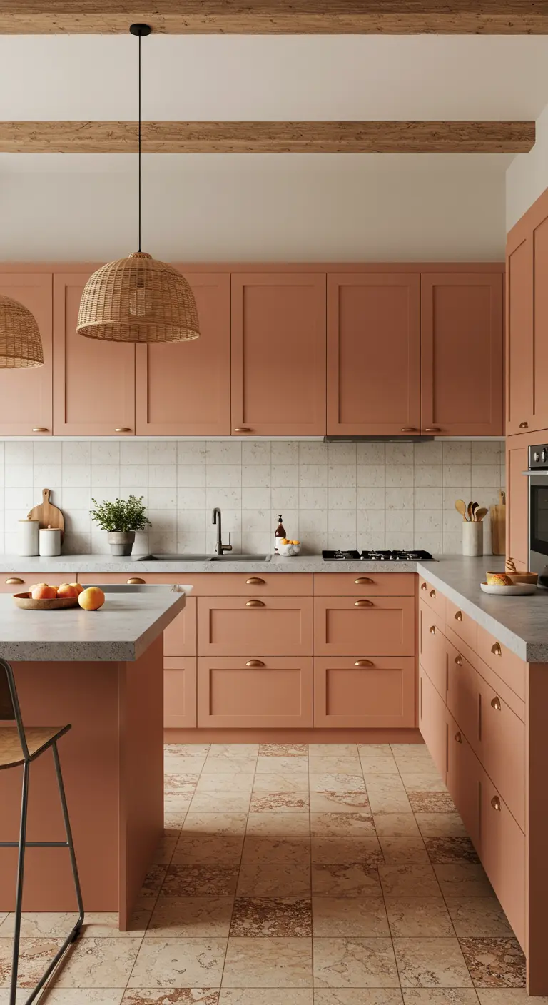 A modern kitchen with terracotta-colored cabinets, a concrete-look counter, and a rattan pendant.