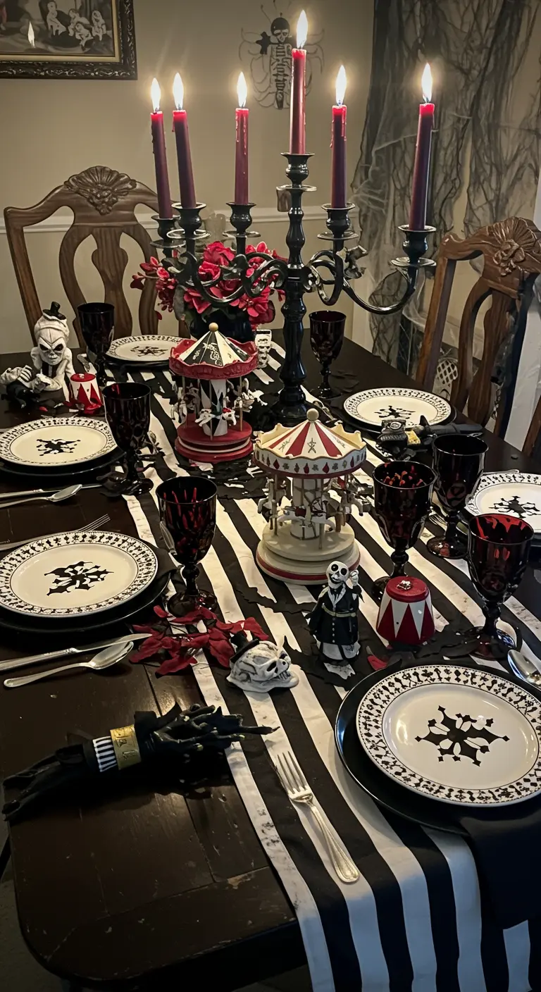 A carnival-themed Halloween table with a striped runner, mini carousels, and skull figures.