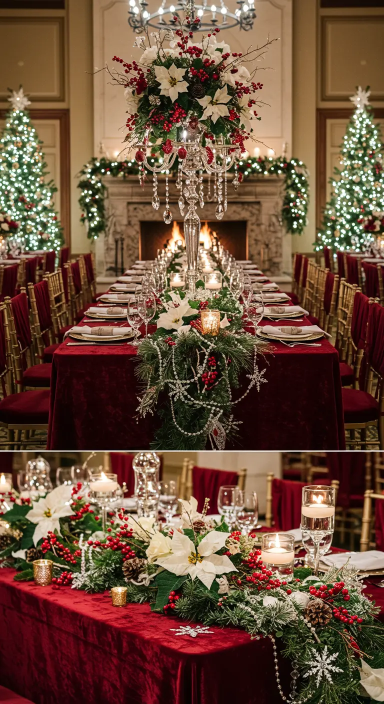 Holiday wedding table with red velvet, a pine and poinsettia garland, and pearl strands.
