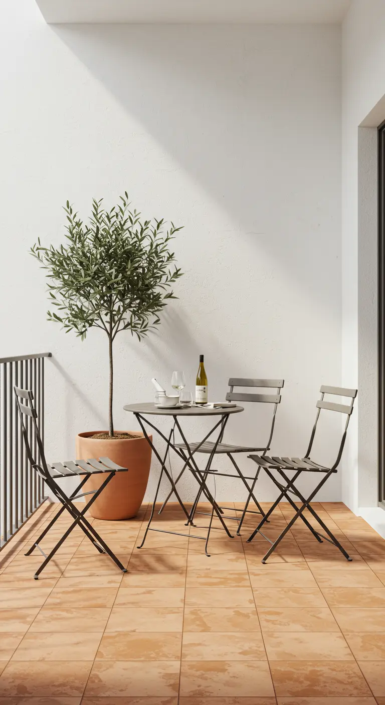 A modern Mediterranean balcony with white walls, a grey bistro set, and a potted olive tree.