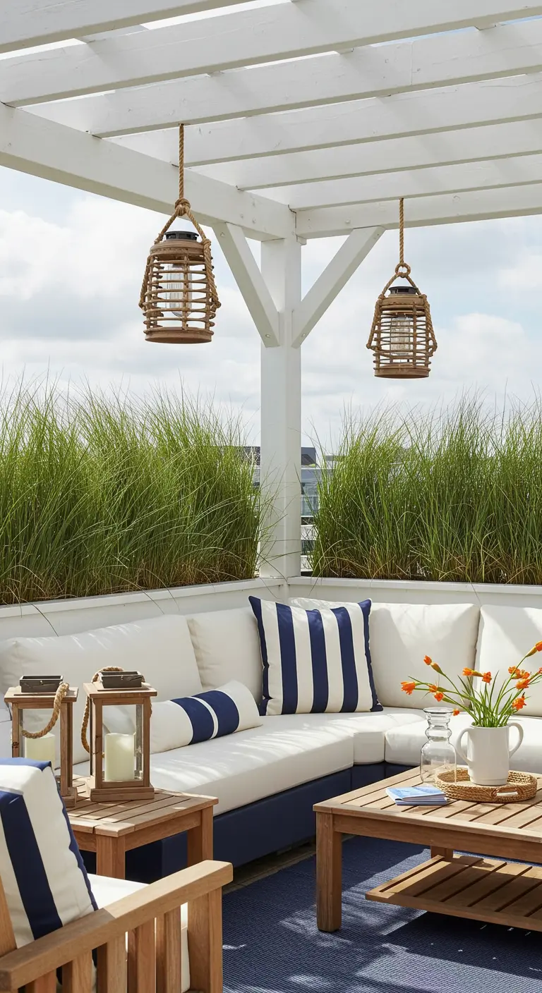 A coastal-themed rooftop patio with a white pergola, navy and white striped cushions, and rope lanterns.