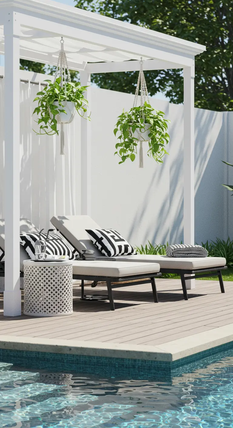 White pergola with black and white loungers and macramé planters by a pool.