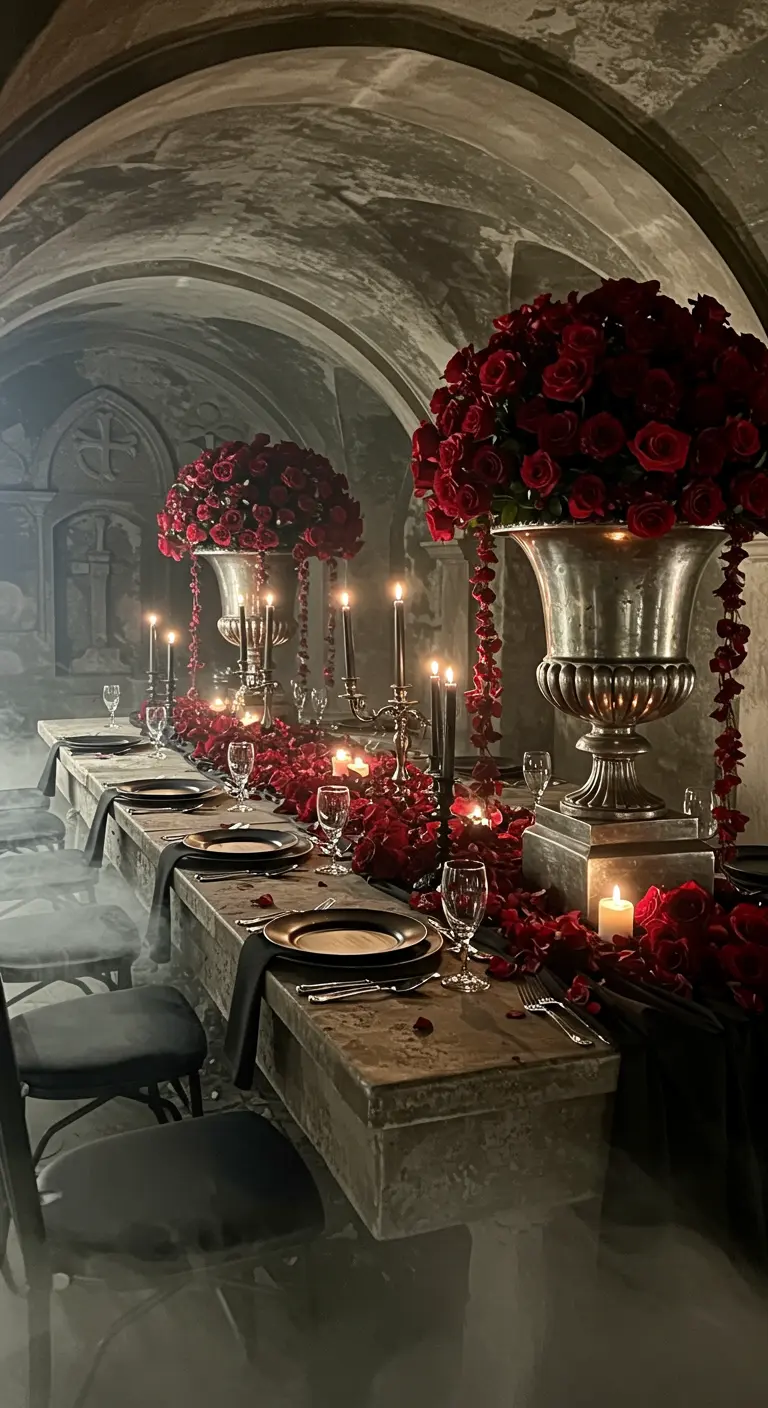 Dramatic table in a stone crypt with huge silver urns overflowing with red roses and fog.