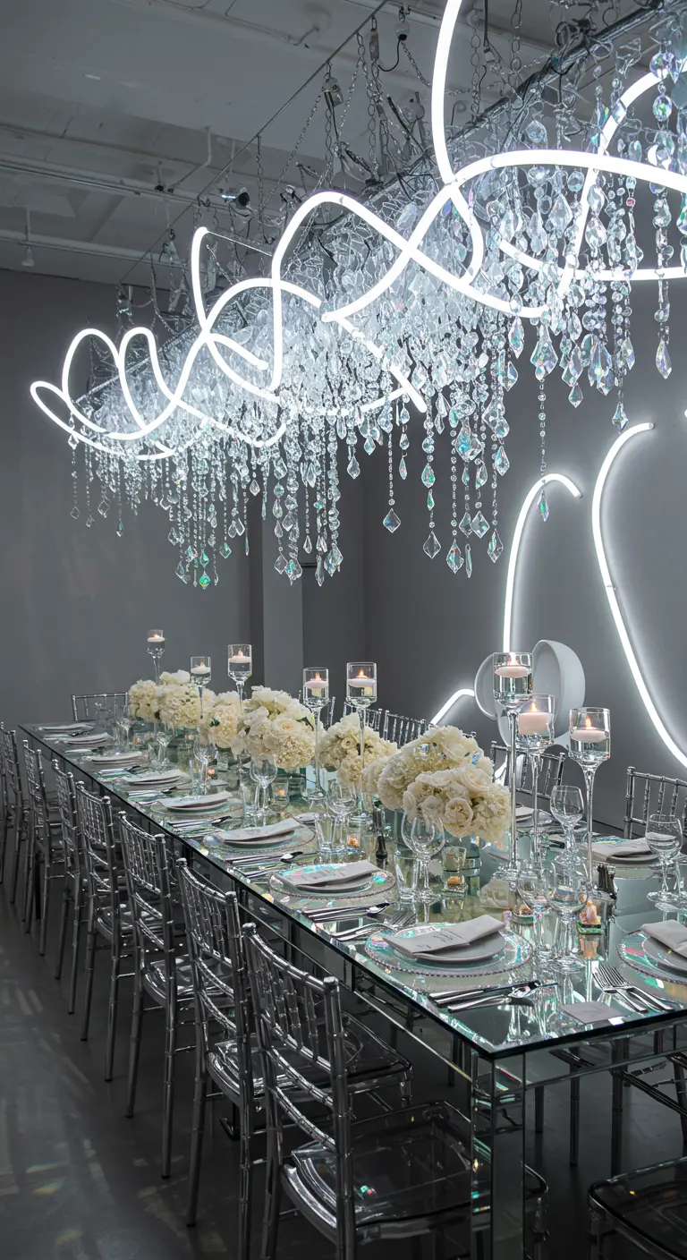 An elegant dining table with a mirrored top under a custom chandelier of white neon and crystals.