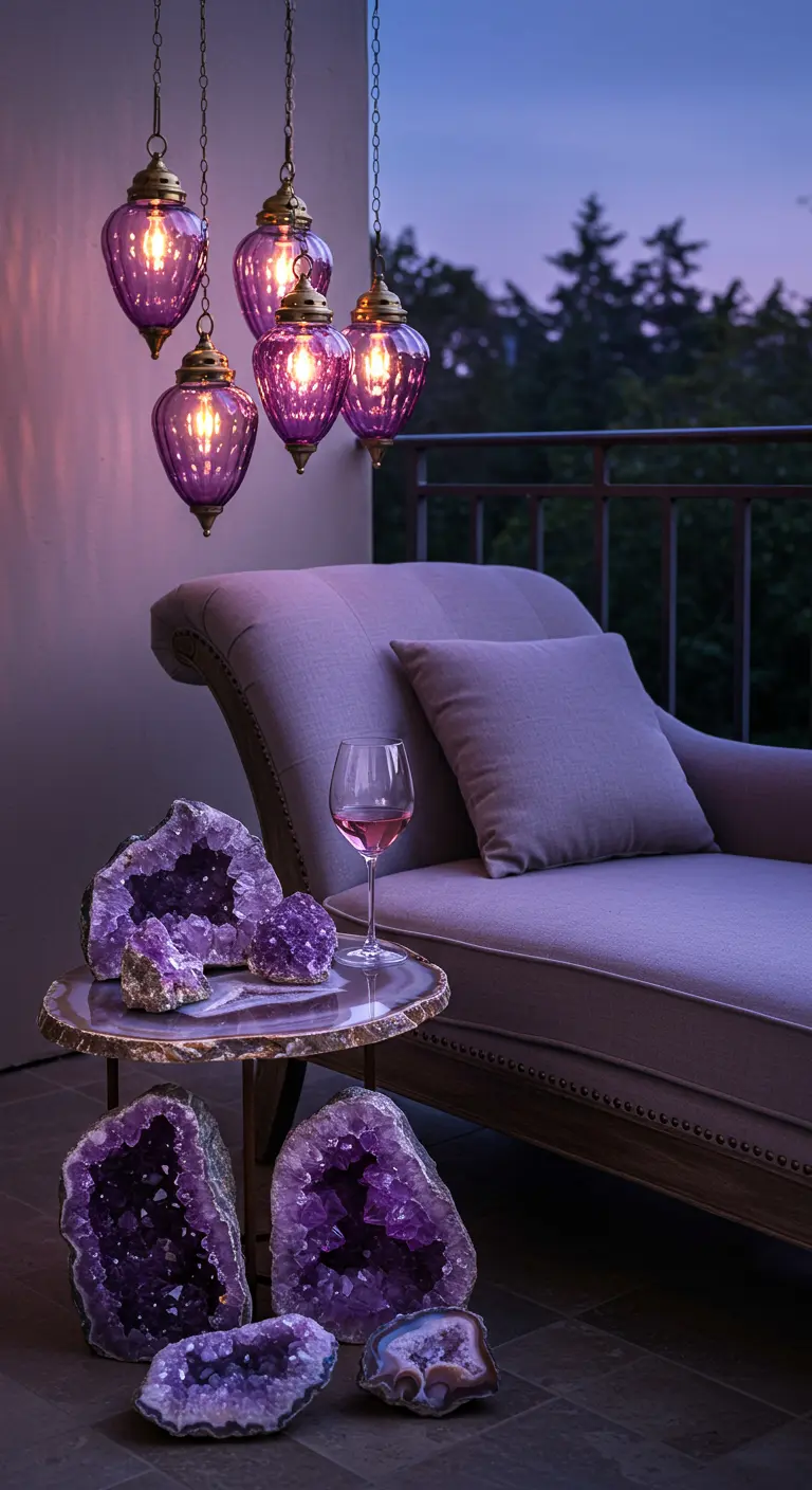 A relaxing balcony with a chaise lounge, amethyst geodes, and hanging purple glass lanterns.