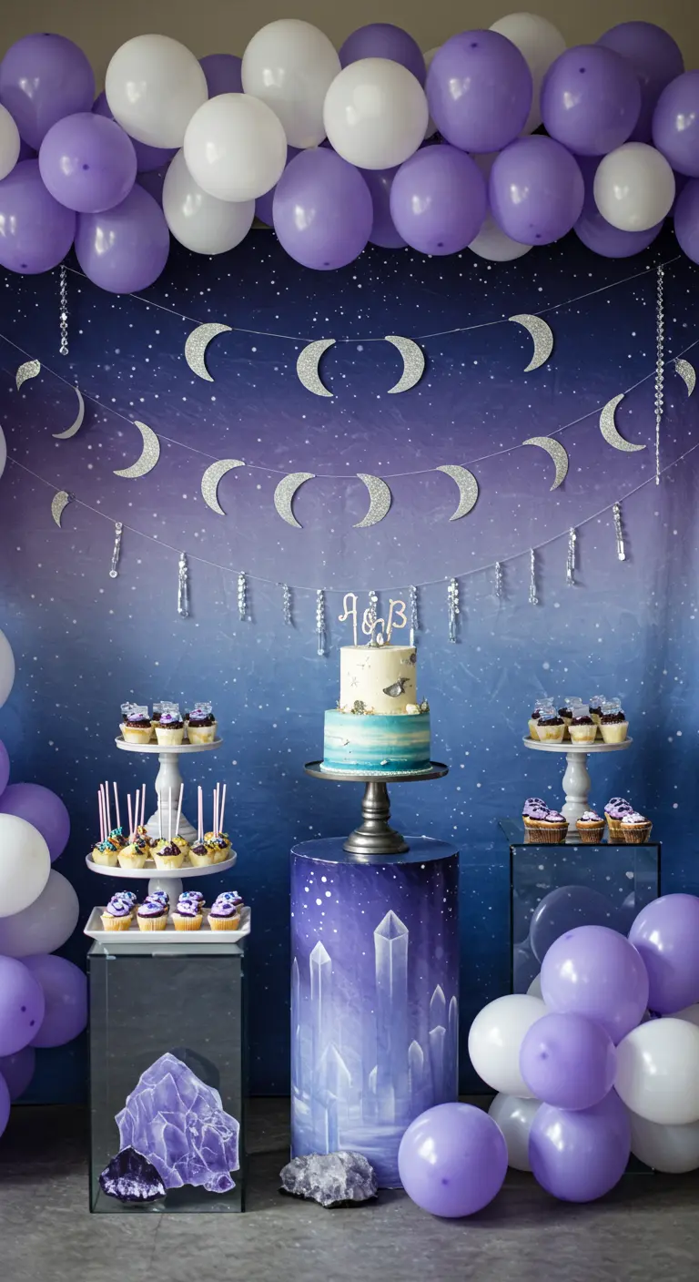 A purple galaxy backdrop with a silver moon phase garland and purple balloons.