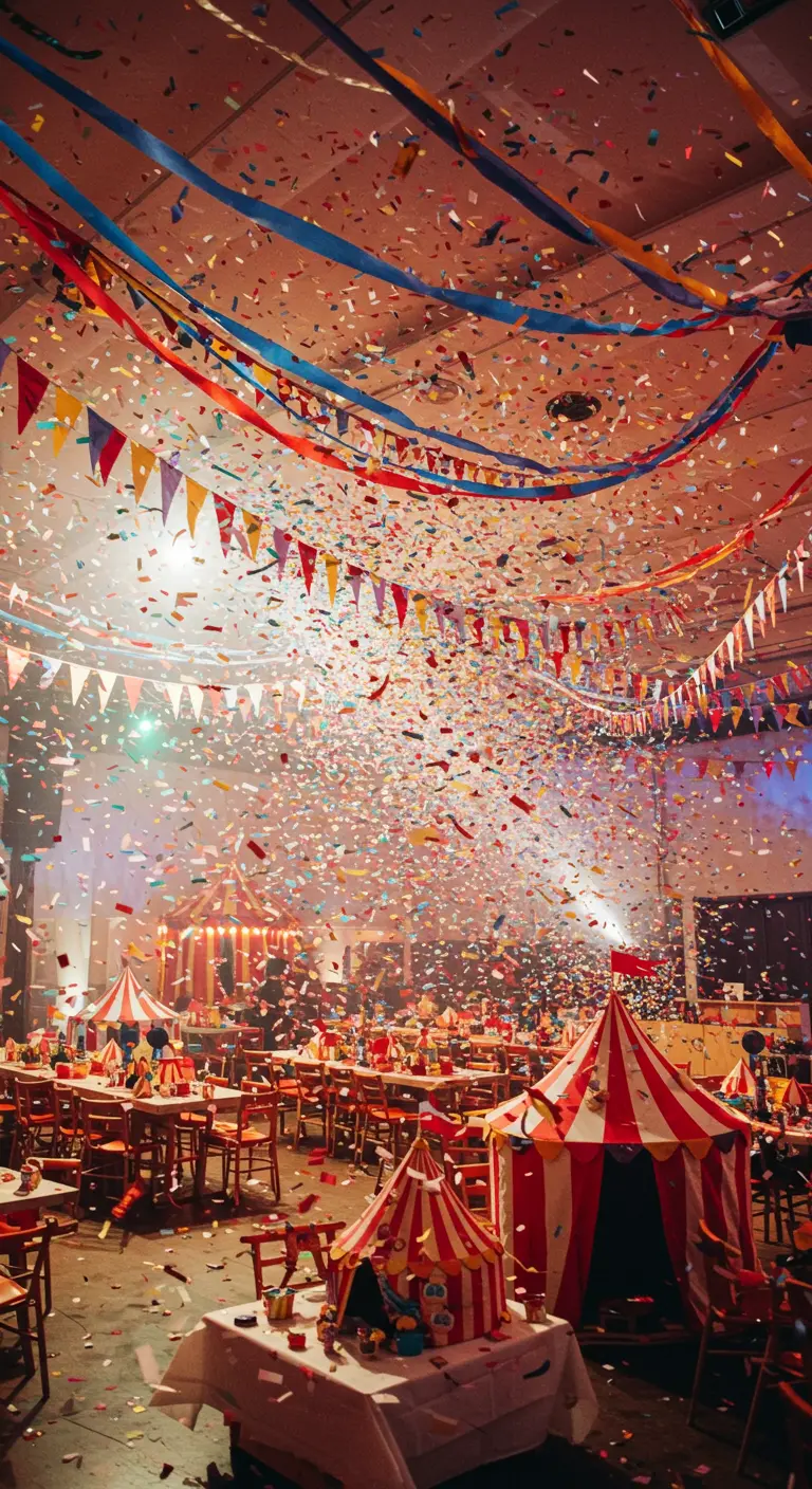A circus-themed party with a massive shower of colorful confetti falling from the ceiling.