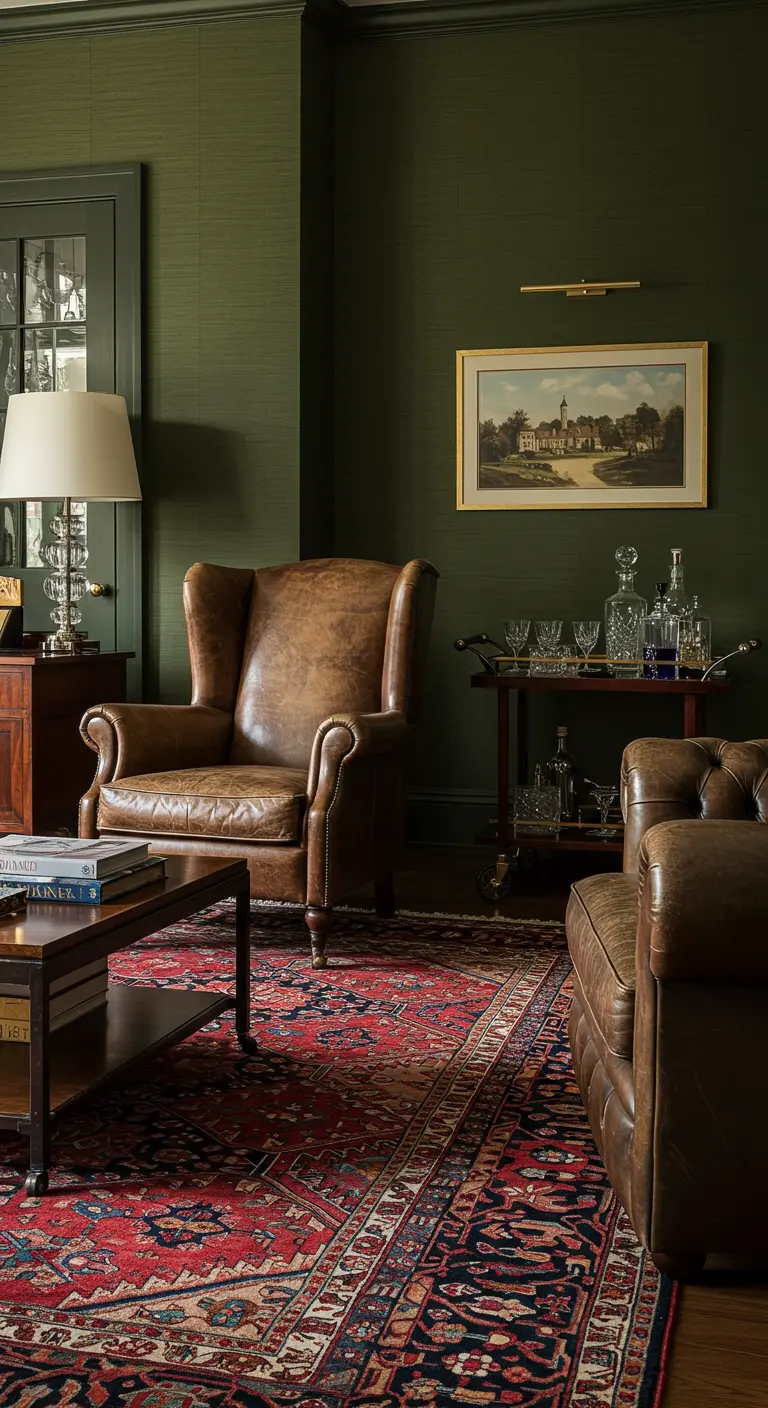 Brown leather wingback chair in an olive green room with a red Oriental rug and a bar cart.