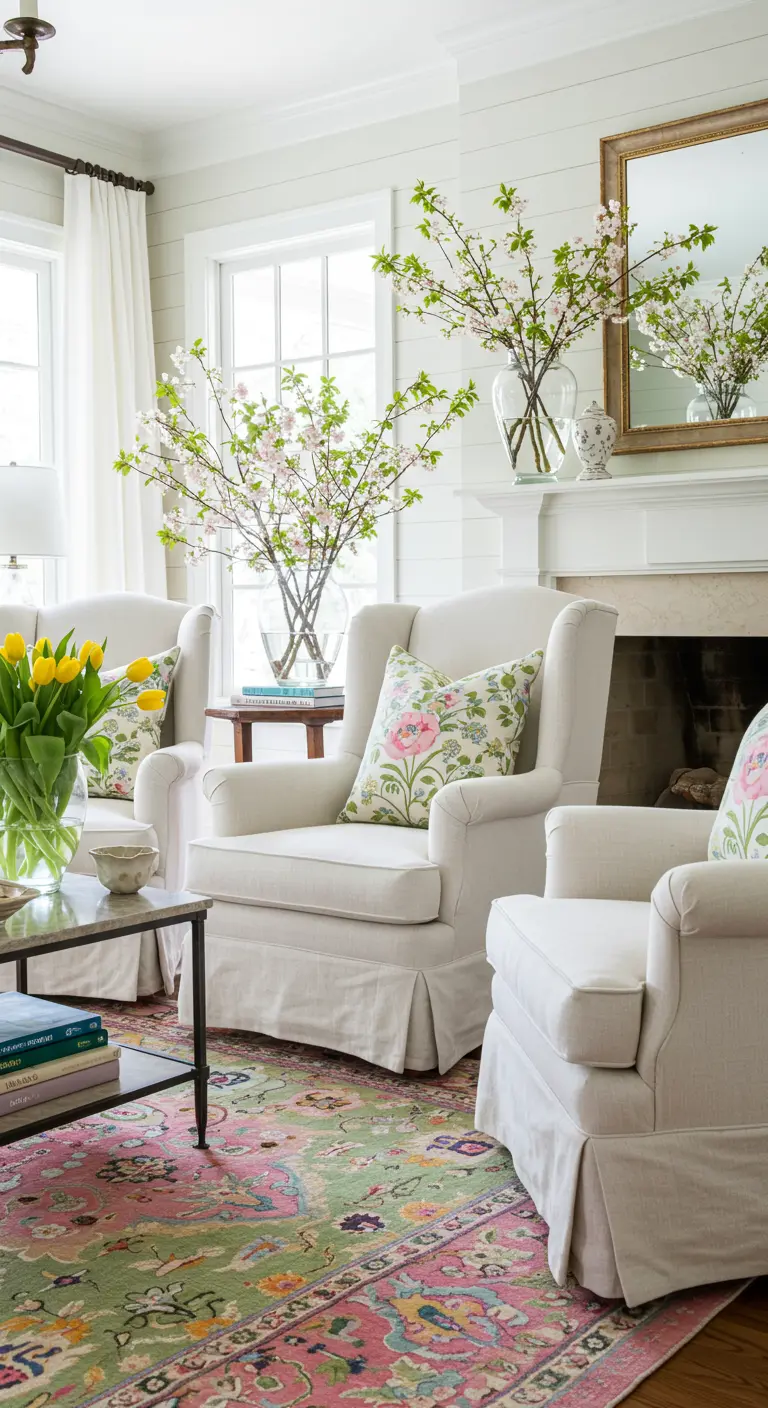 White slipcovered wingback chairs with floral pillows on a green and pink floral rug.
