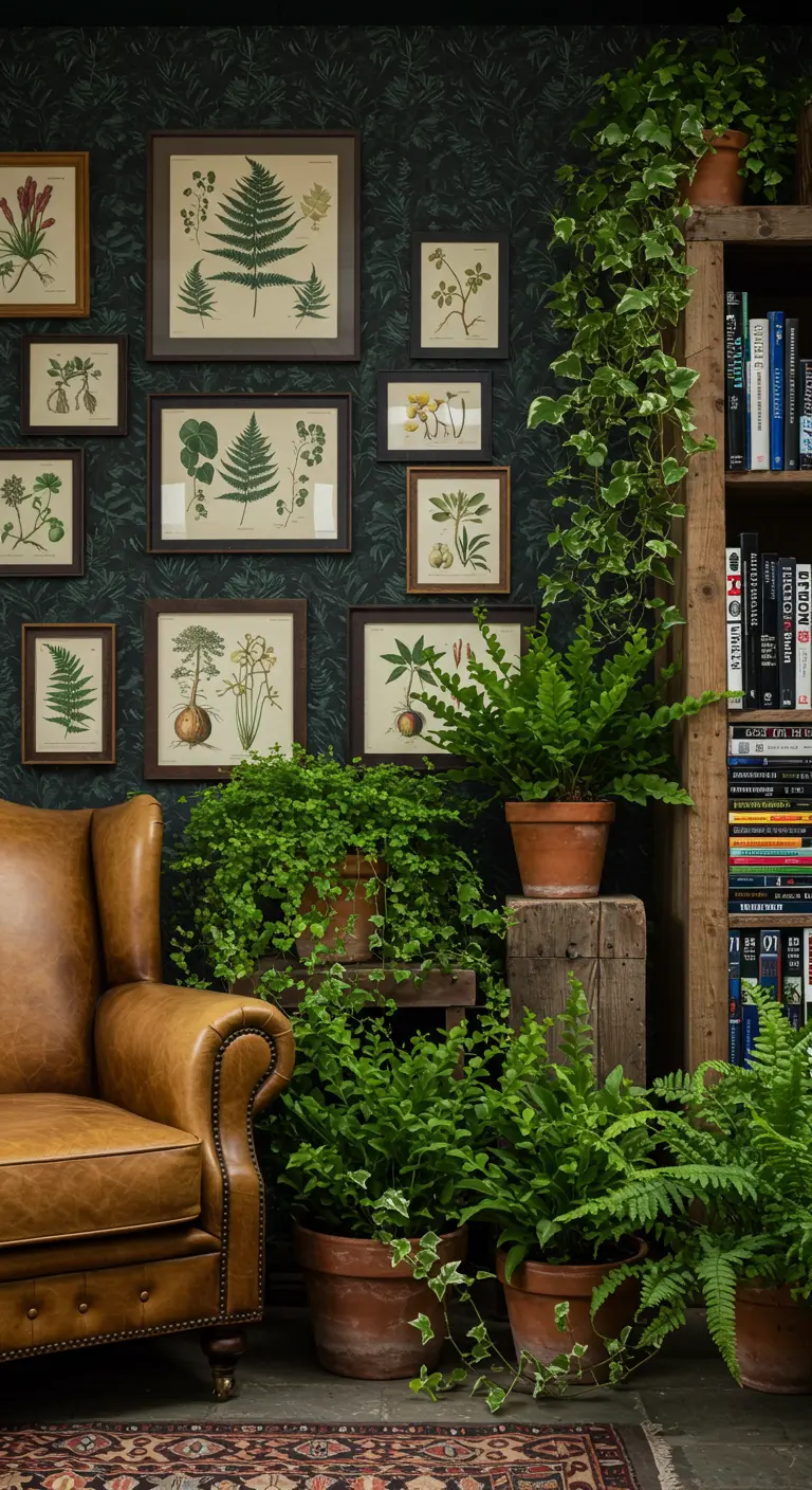 A tan leather armchair next to a gallery wall of botanical prints and numerous potted ferns.