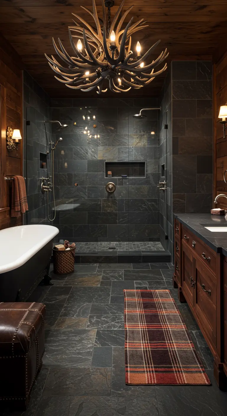 Dark, moody bathroom with black slate tile walls and floor, and a leather ottoman.