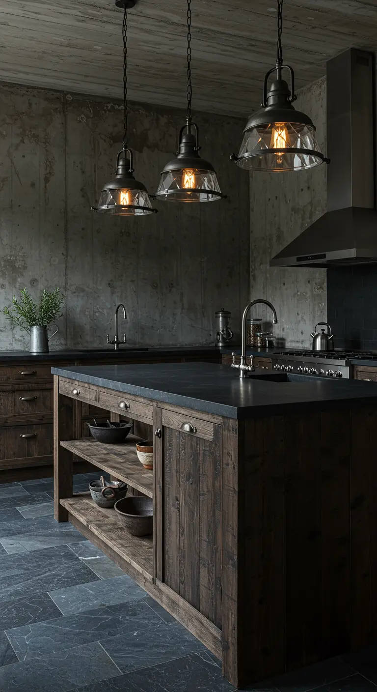 A moody industrial kitchen with dark wood cabinetry, concrete walls, and a slate floor.