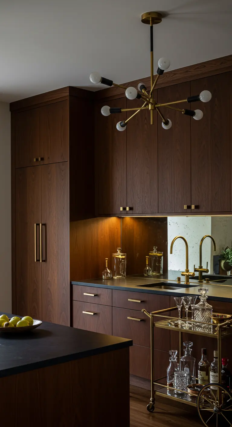 Dark wood kitchen with a brass sputnik light, mirrored backsplash, and bar cart.