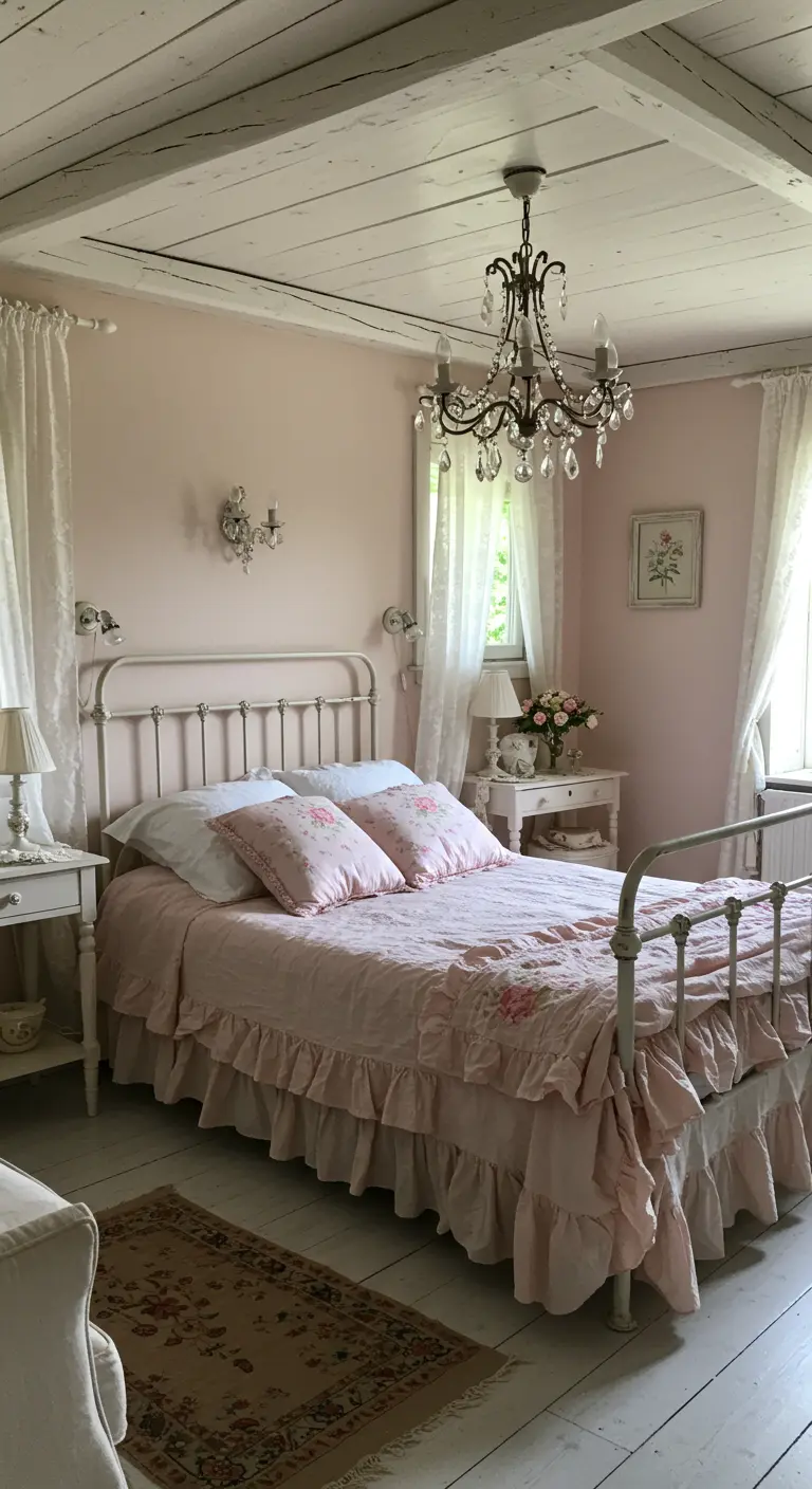 Shabby chic bedroom with a white iron bed, pink walls, and ruffled bedding.