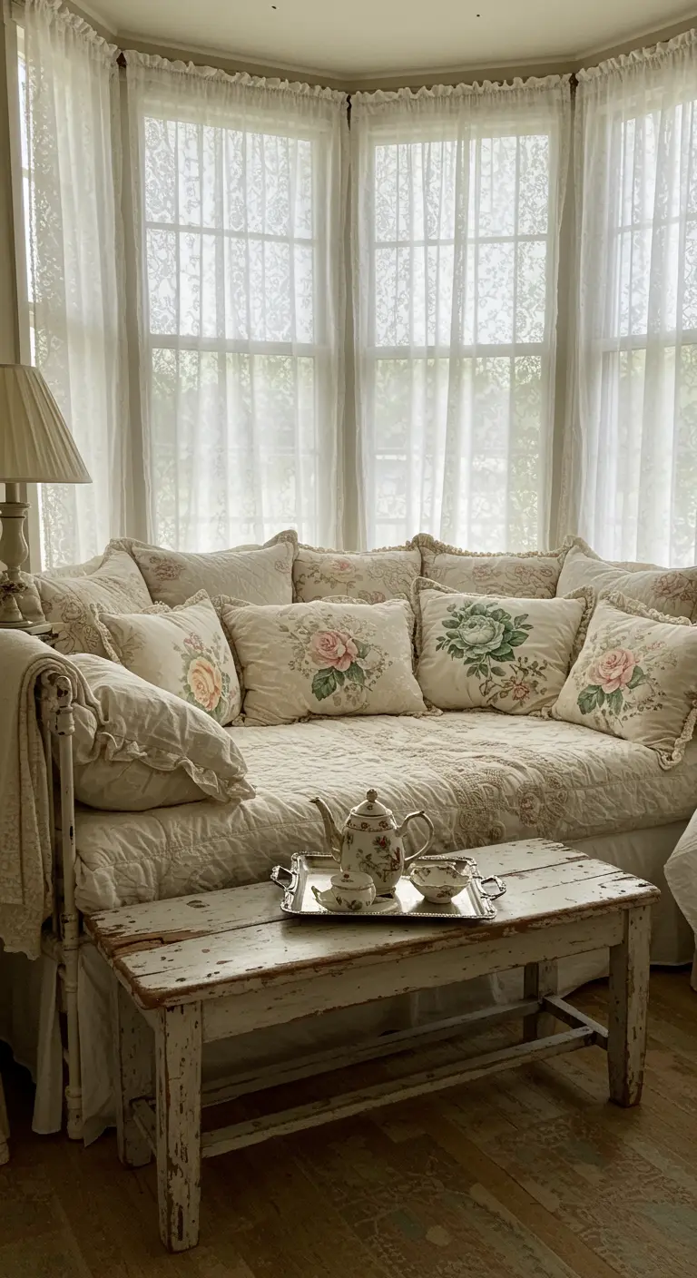 Daybed in a bay window filled with shabby-chic floral pillows and a distressed white table.