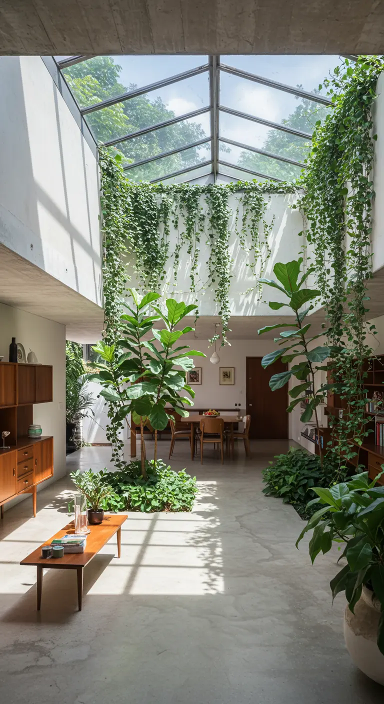 A bright, tall living space with a glass roof, filled with lush climbing plants and trees.