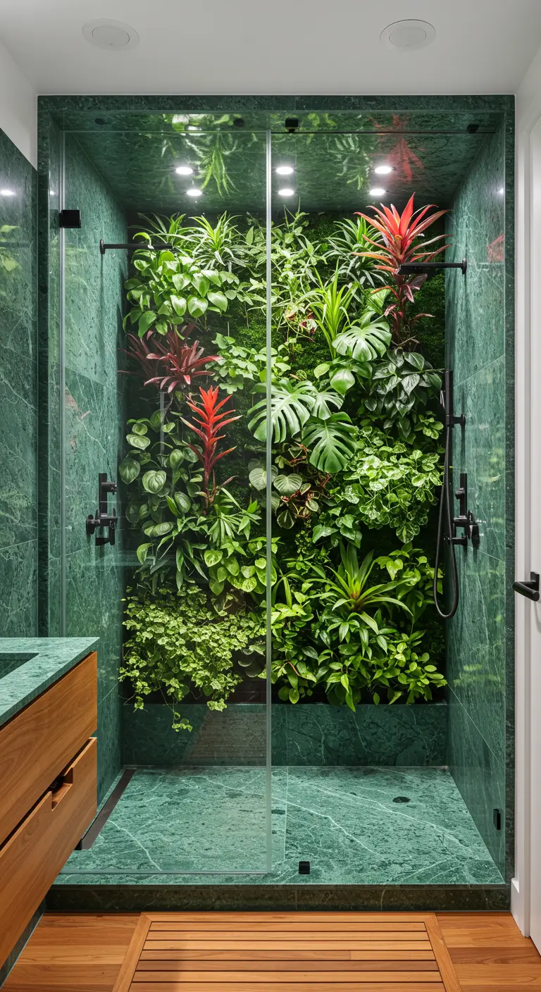 Green marble walk-in shower featuring a full-scale living plant wall.