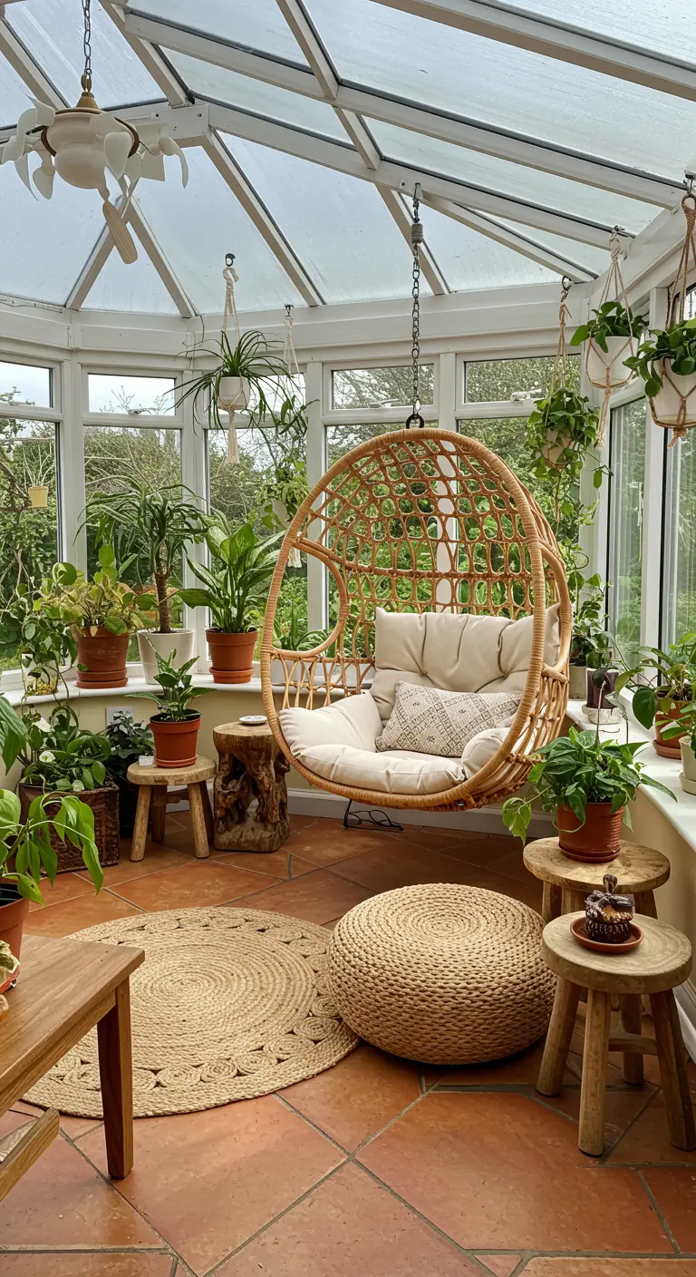 Sunroom filled with numerous houseplants and a central rattan hanging egg chair.