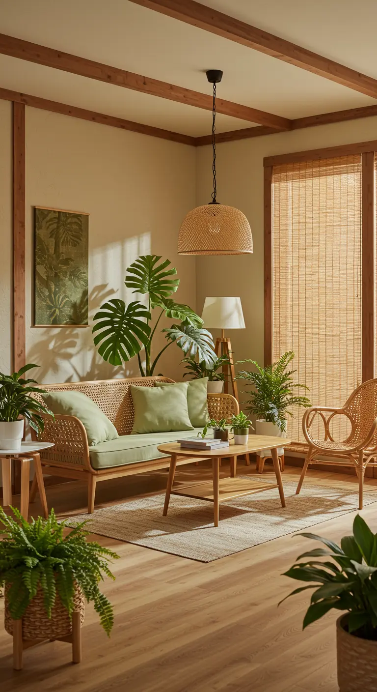 A bright living room filled with rattan furniture and numerous green houseplants like Monstera.