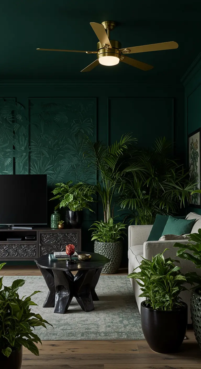 Lush green room filled with houseplants, featuring a tonal botanical pattern on the walls.