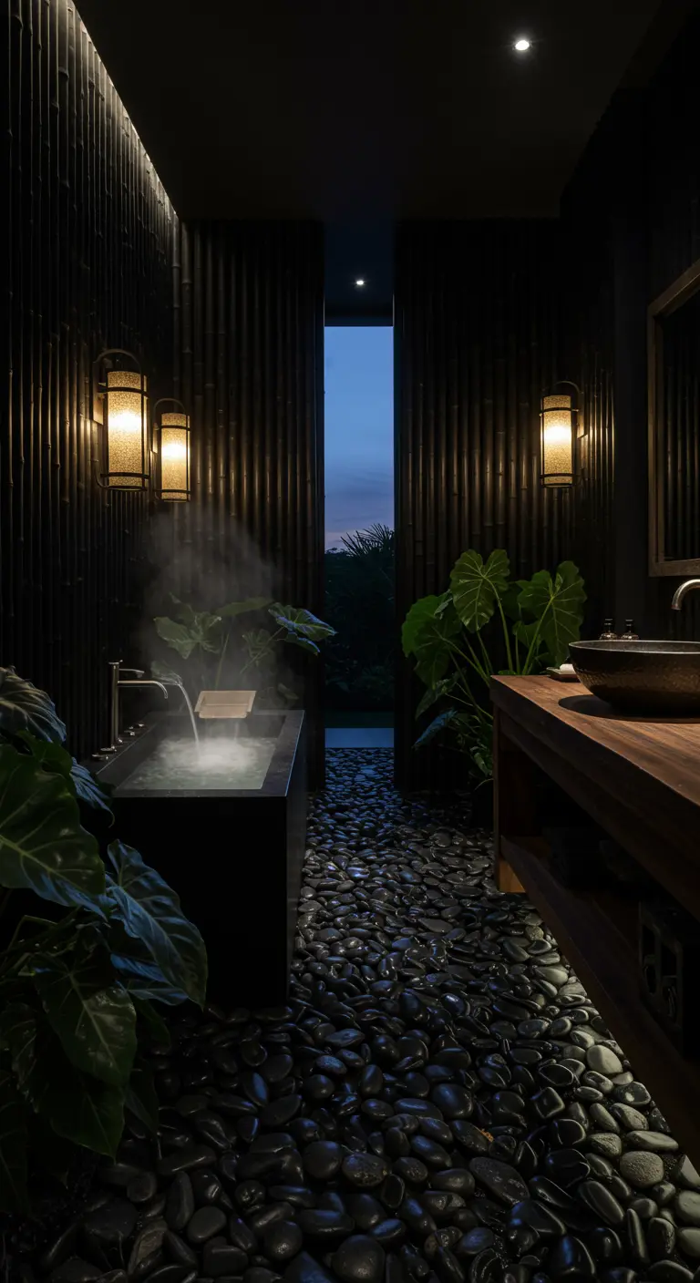 A dimly lit bathroom with dark bamboo walls, a steaming black tub, and warm wall sconces.